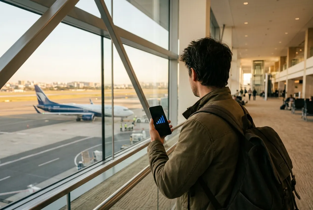 Utazó a repülőtéren, a telefonján teljes mobiltérerő