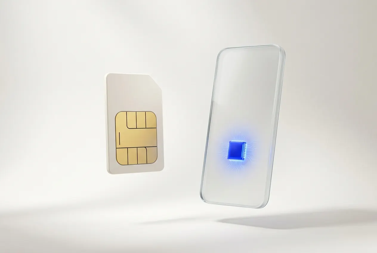 Hagyományos SIM-kártya és egy telefonba épített, kéken világító eSIM-chip
